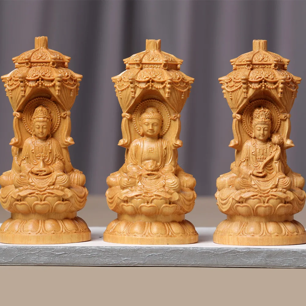 Boxwood Carved Three Saints Buddha Figurine Solid Wood Entrance Ornament Blessing Feng Shui Home Decor Collectible Gift