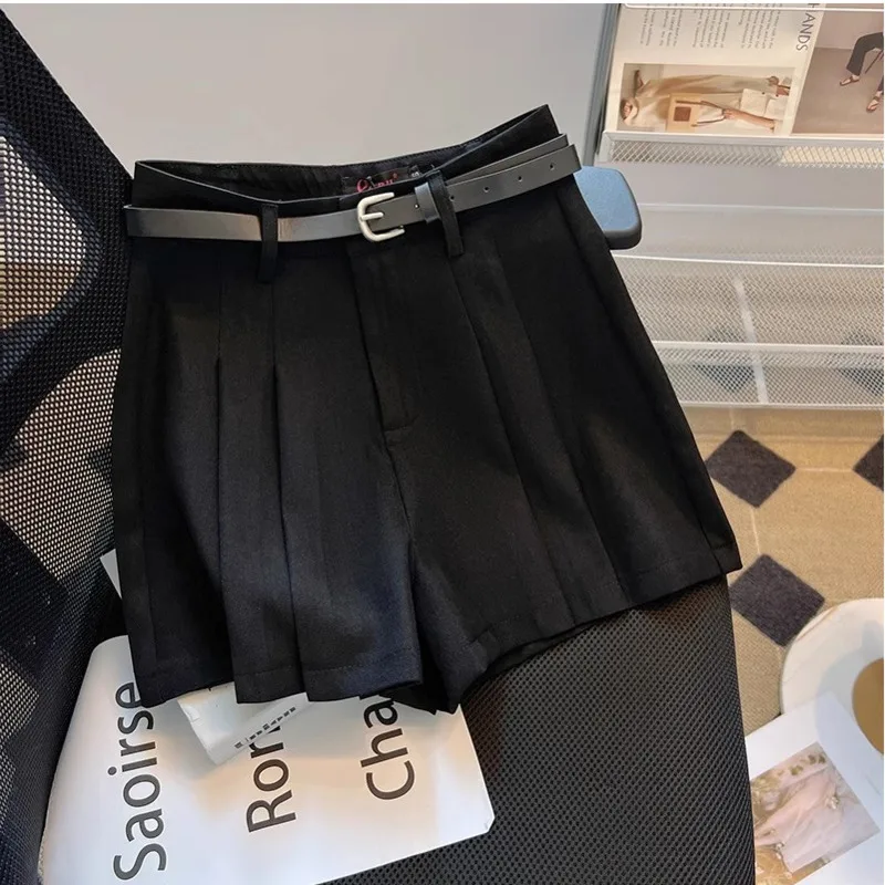 Temperament Black High Waisted Women's Shorts Summer Solid Color Pleated Wide Leg Shorts Casual Street Pocket Zippered Shorts