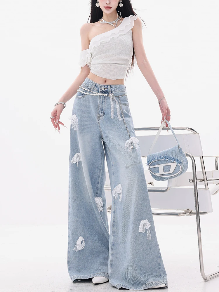 American Style Bows Knot Embellished Loose Wide Leg Jeans Women's Summer Floor-Length Versatile Straight Cut Denim Trousers
