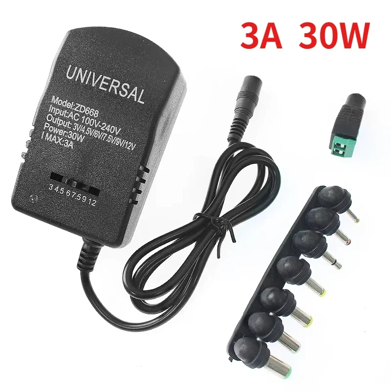 Universal Adjustable Adapter Power Supply Charger 3A 30W AC 220V TO DC 3V 4.5V 6V 7.5V 9V 12V Power Source with DC Female 7 Plug