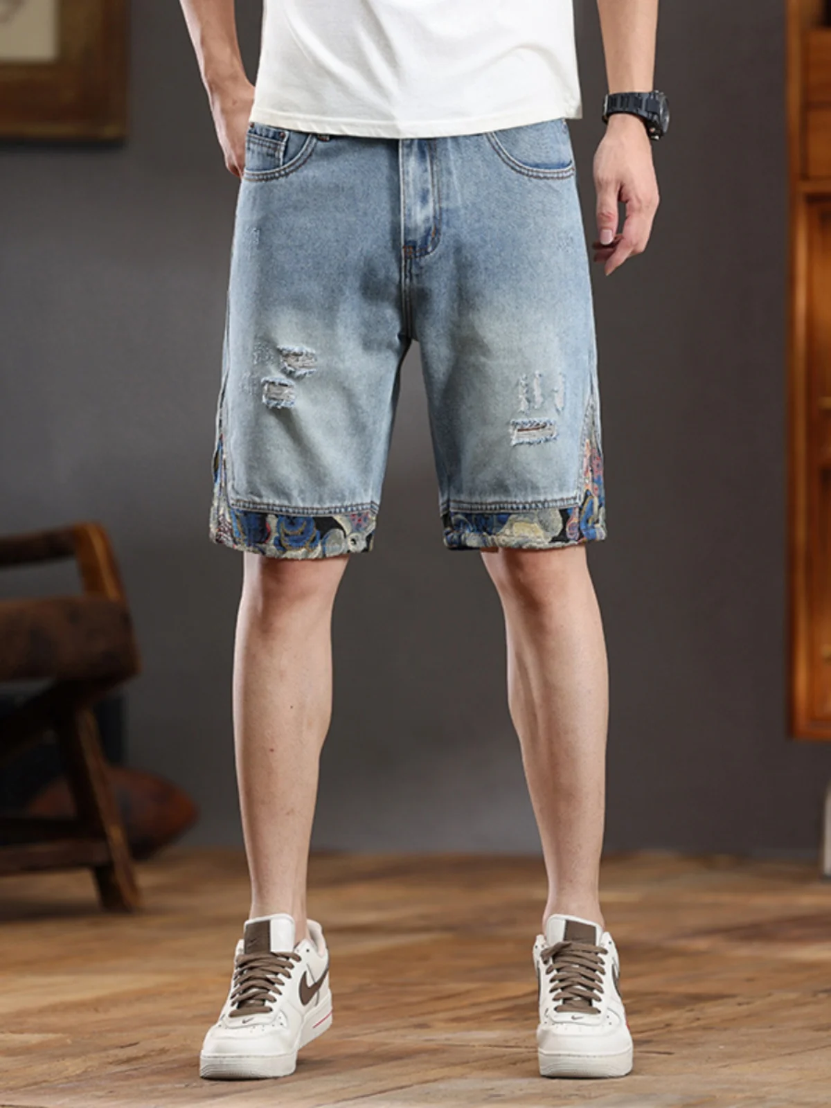 

Embroidered Patchwork Men's Summer Thin Loose Five-Point Casual Jeans orts Wear Resistant Straight Leg Loose Fit Jeans orts