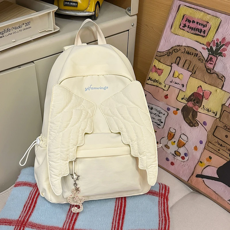 Brand Cute Angel Wings Women Backpack Sweet Versatile Canvas Girls Backpack Y2k Trendy Piano Large Capacity Outdoor Travel Bag