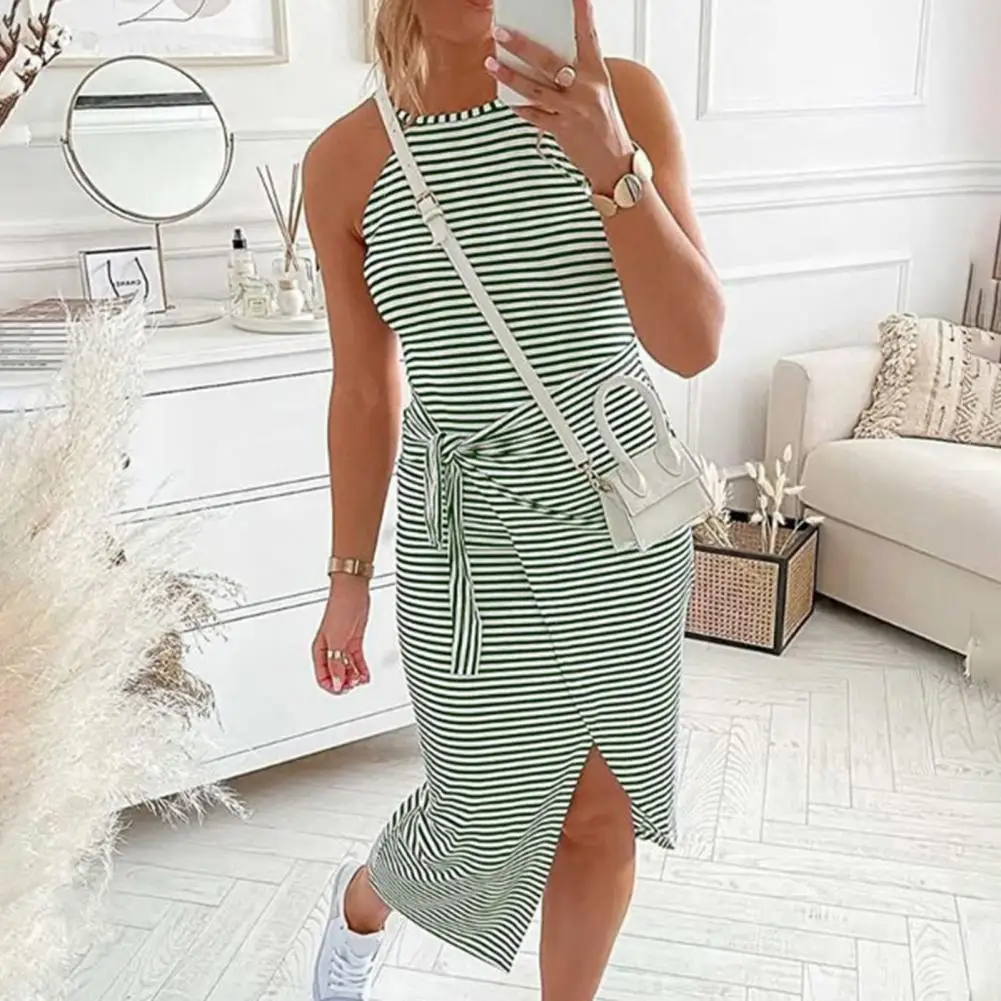 Midi Dress Striped Lace-up Summer Slim-fitting Irregular Mid-calf Slit Dress for Beach платье женское vestidos Streetwear