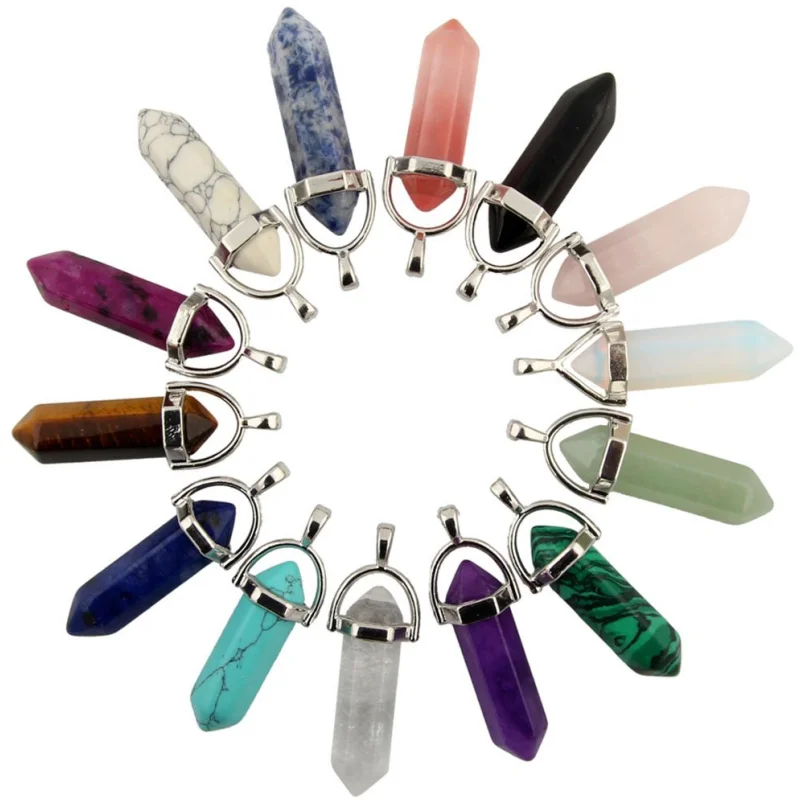 14 Pcs Mutilcolor Bullet Shape Healing Pointed Chakra Pendants Quartz Crystal Stone Charm Color for Necklace Making