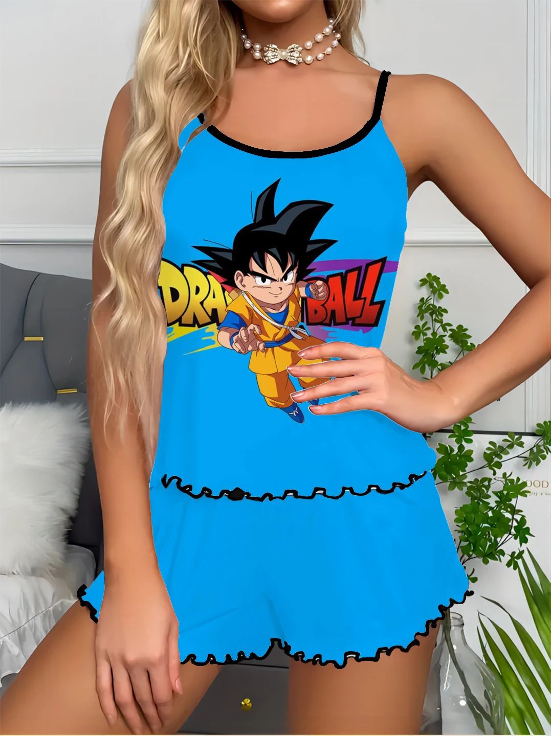 

Summer home clothes two-piece set women Dragon Ball series print silk satin pajamas set sexy satin silky home set