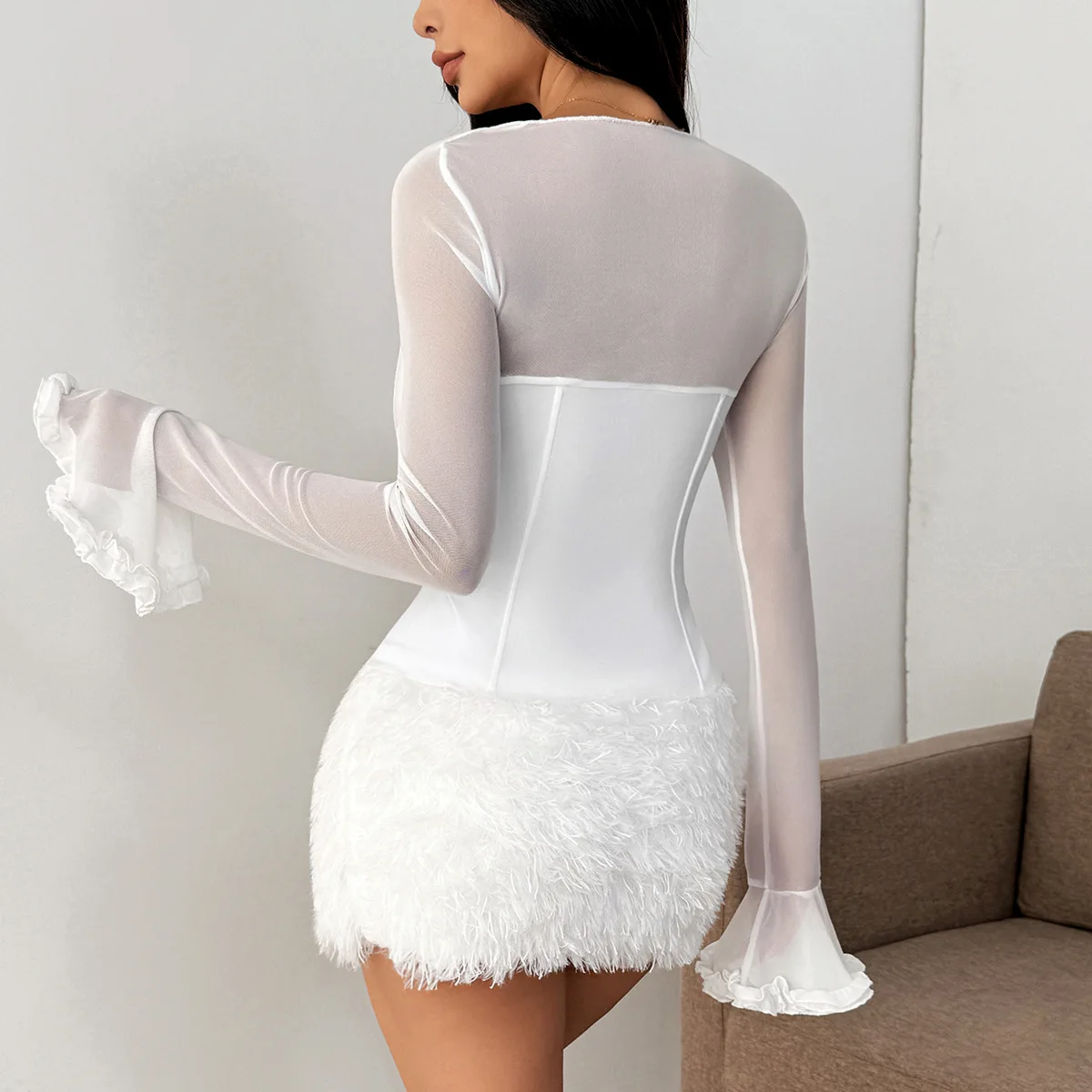 Mulheres ins malha retalhos cordão topos camisas femininas manga alargamento pescoço quadrado sexy hotsweet magro topos bandagem camisas encantadoras