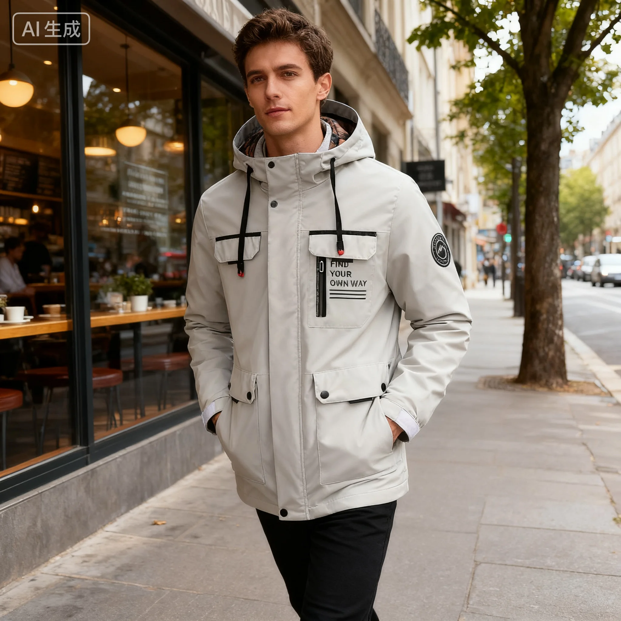 

Windbreakers Men Hooded Jacket Zipper Coat Cargo Waterproof Black Bomber Camping Loose Thin Softshell Hooded Hiking Jacket