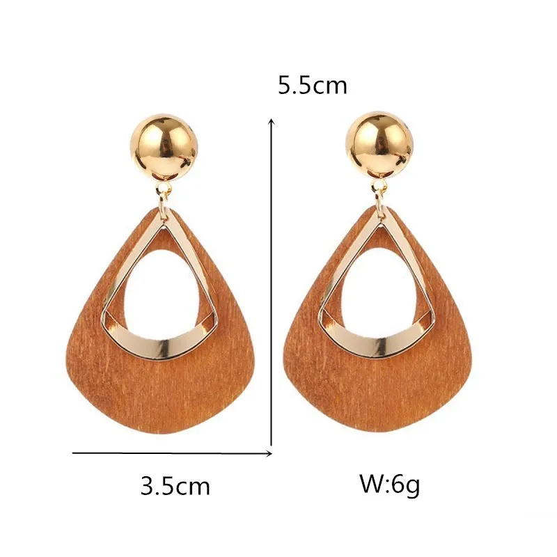 Trendy Vintage Wooden Water-drop with Metal Hollow Long Drop Earrings for Women Bohemian Statement Earrings Party Jewelry Gift