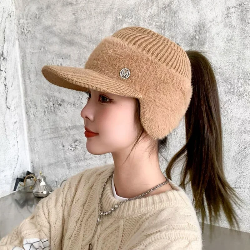 

Hat Female Air Top Thickened Earflaps Warm Peaked Cap Korean Style Versatile Outdoor Cold-Proof Knitted Woolen Tide