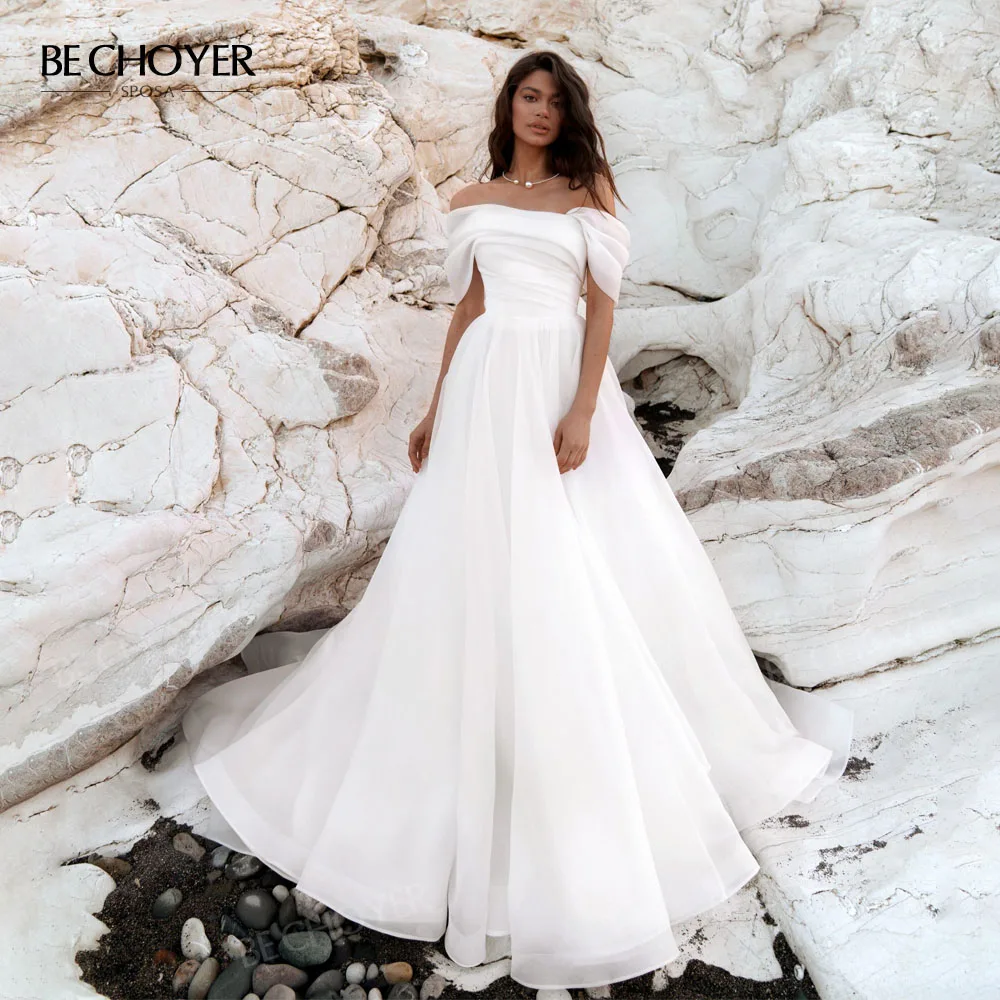 Wedding Dress Off the Shoulder Sleeveless A-Line Bride Gown 2027 Court Train Princess BECHOYER NR270 Customized Vestido De Noiva