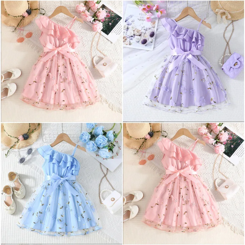 

Elegant Fashion Summer Kid Outfit Ruffled Slant Shoulder Bow Children Camisole Dress Girl Dress Baby Casual Comfortable Skirt