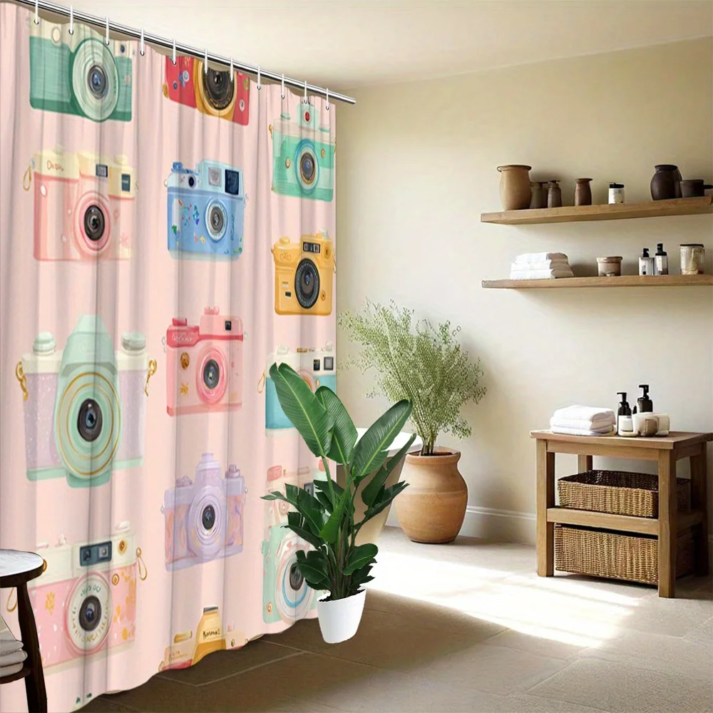 Shower Curtain Vintage Cameras Pastel Mint Lavender Pink Blue Polka Dots Floral Abstract Polyester  Machine Washable