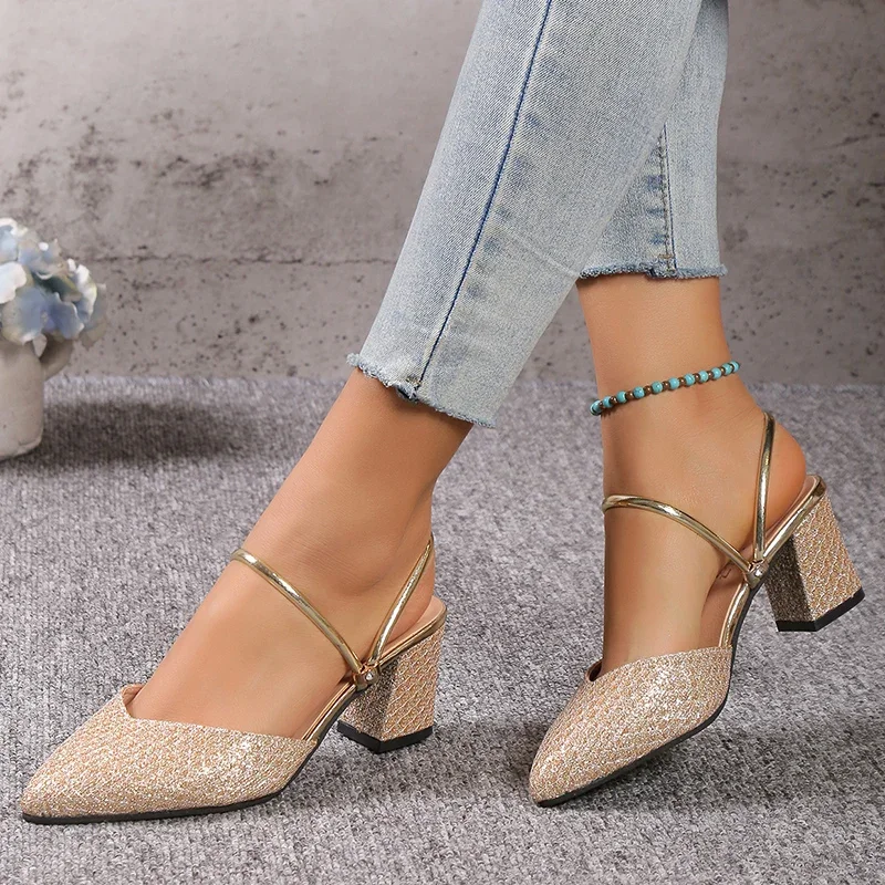 Gold Silver Bling High Heel Pumps Women Fashion Back Strap Slip-On Party Shoes Woman Pointed Toe Slingbacks Thick-Heeled Shoes