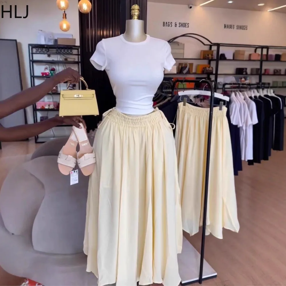 HLJ Boho Women Solid Color Long Skirt Elastic High Waist Drawstring Loose Flowy Skirt Casual Summer Beach Vacation Streetwear