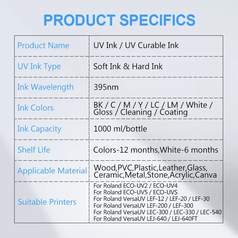 1000ML LED UV Ink For EPSON L805 For Roland UV Printer LEF-12 LEF-20 LEF-30 LEF-200 LEF-300 LEC-300 LEC-540 LEJ-640 UV DTF Ink