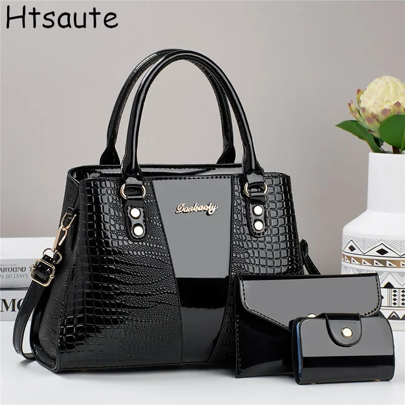 

3pcs/set Fashion Crocodile Pattern Handbag Set Fashion Top Handle Tote Bag Women's Crossbody Shoulder Bag Mini Card Coin Purse