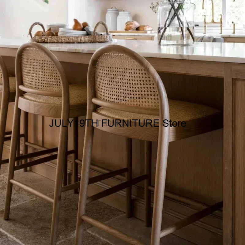 Nordic Woven Rattan Bar Stool Home Luxury Bar Chair Casual Dining Chairs Modern Minimalist Ash Wood High Stool Reception Chair