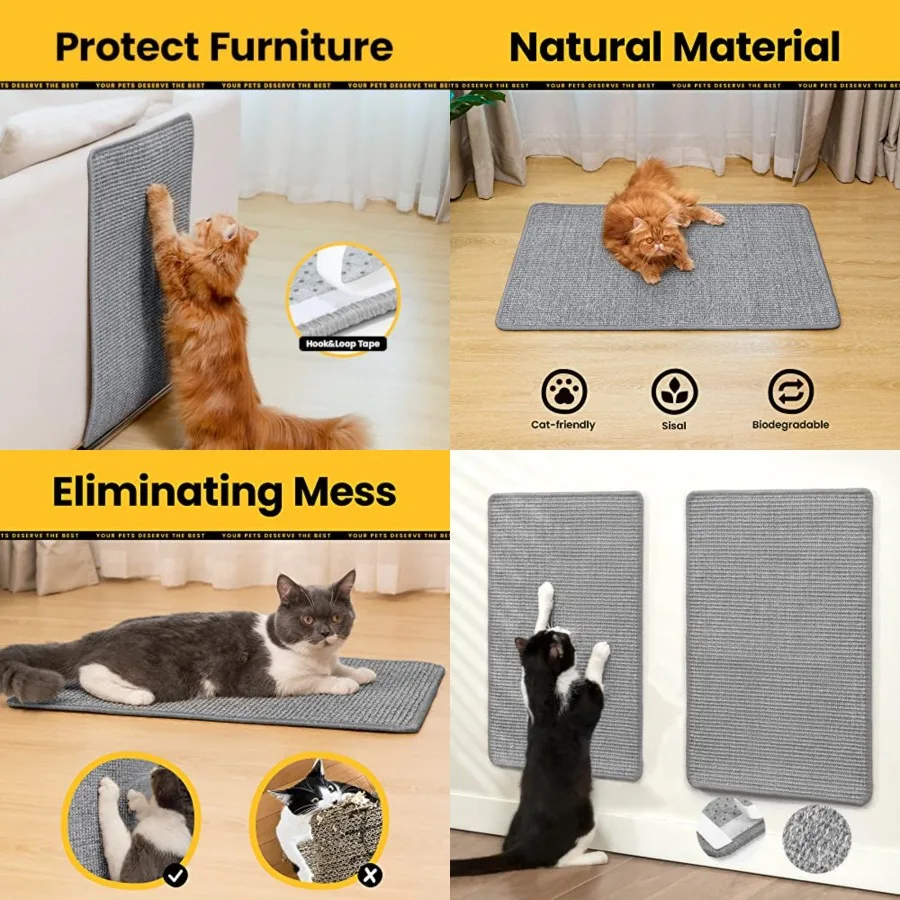 

Когтеточка для кошек из натурального сизаля с лентой-крючком для использования в помещении Горизонтальный ковер для царапин на полу защищает диваны, ковры и S