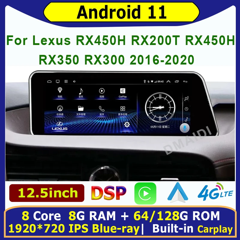 

12.5inch Android11 128G Radio For Lexus RX RX200t RX270 Rx300 Rx350 Rx450h RX400h RX350L 2016-2018 Car Multimedia Player CarPlay