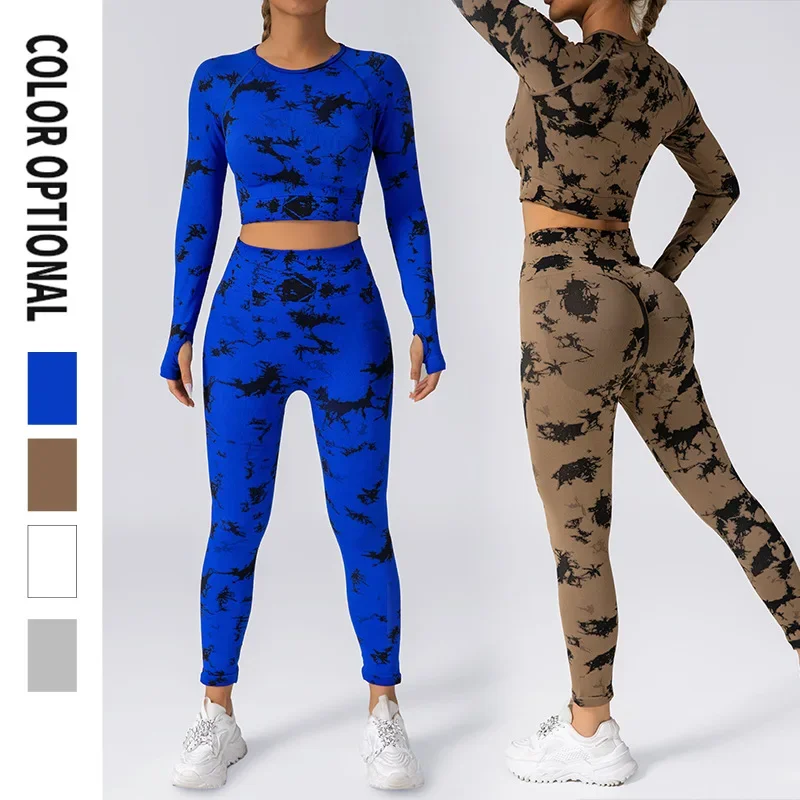 HSOUL YOGA 2Pcs Sports Suit Tie-Dye Sport Long Sleeve Top High Waist Leggings Colorful Quick-Dry Fitness Gym Tracksuit Yoga Set