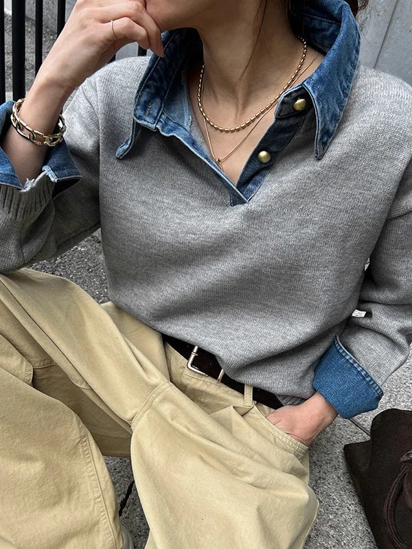 Lente nieuwe collectie losse dames gebreide trui denim patchwork nep tweedelige kraag faionable veelzijdig ontwerp