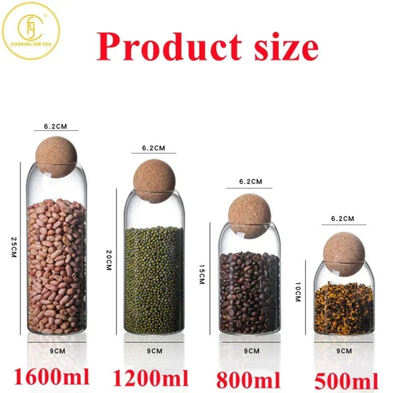 500/800/1200/1600ml Glass Food Storage Jar with Globular Cork Stopper Coffee Beans Tea Grains Canister Home Kitchen Storage Tank