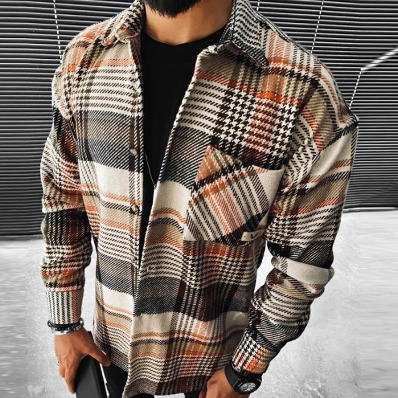 Business Casual Plaid Print Wool Shirt Jacket Men 2023 Spring Single Breasted Lapel Top Autumn Pocket Patchwork T-shirt Cardigan