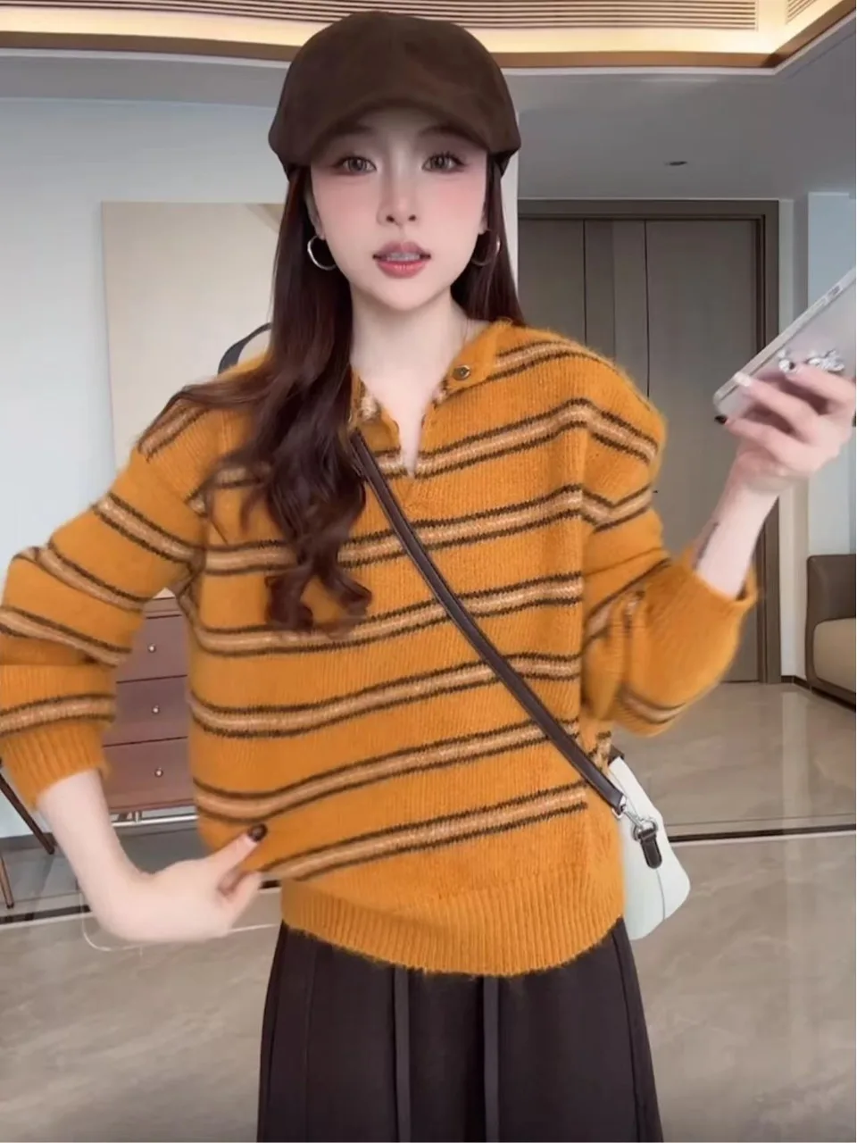 

Orange Striped V-Ne Loose Long Sve Women's Knitwear Autumn Winter Inner Wear Slimming Top Casual Lazy Sle Base Layer