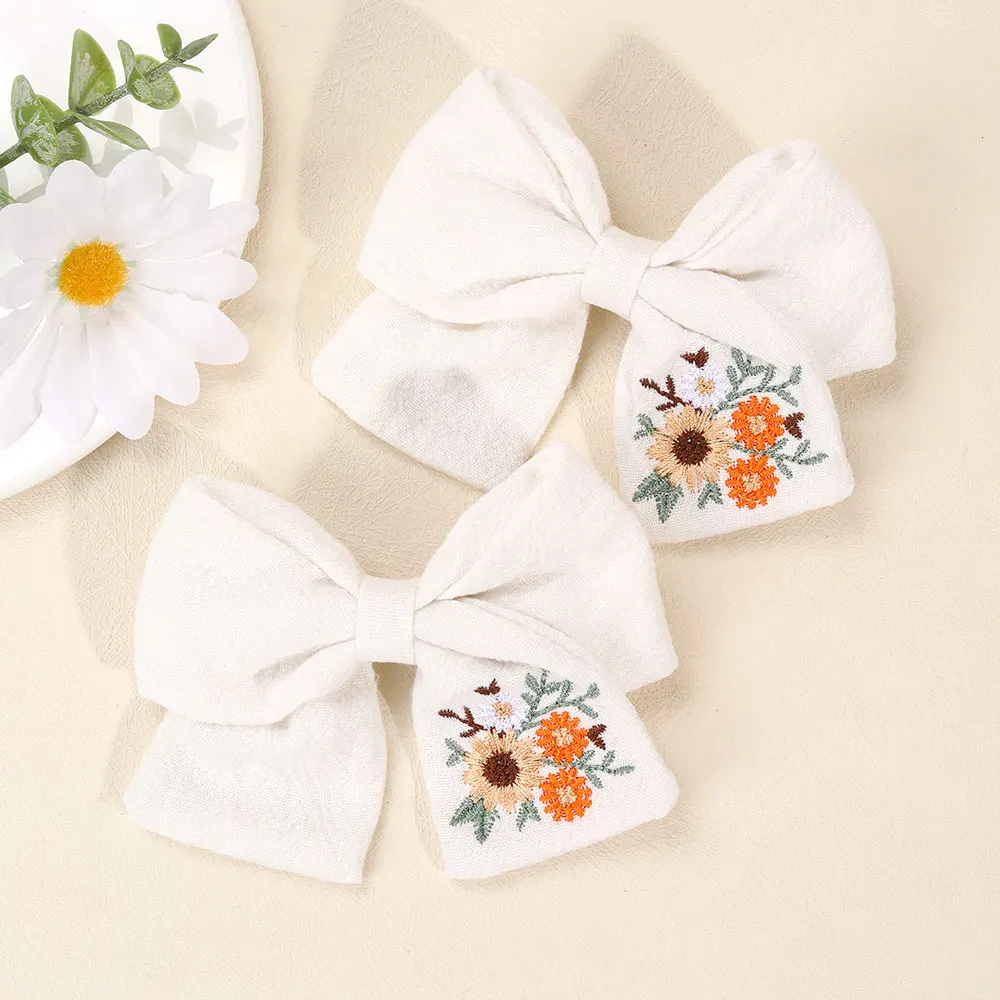 2Pcs Embroidered Flower Hair Bows Clips For Girls Cute Bowknot Hairpin Kids Ribbon Barrettes Headwear Hair Accessories