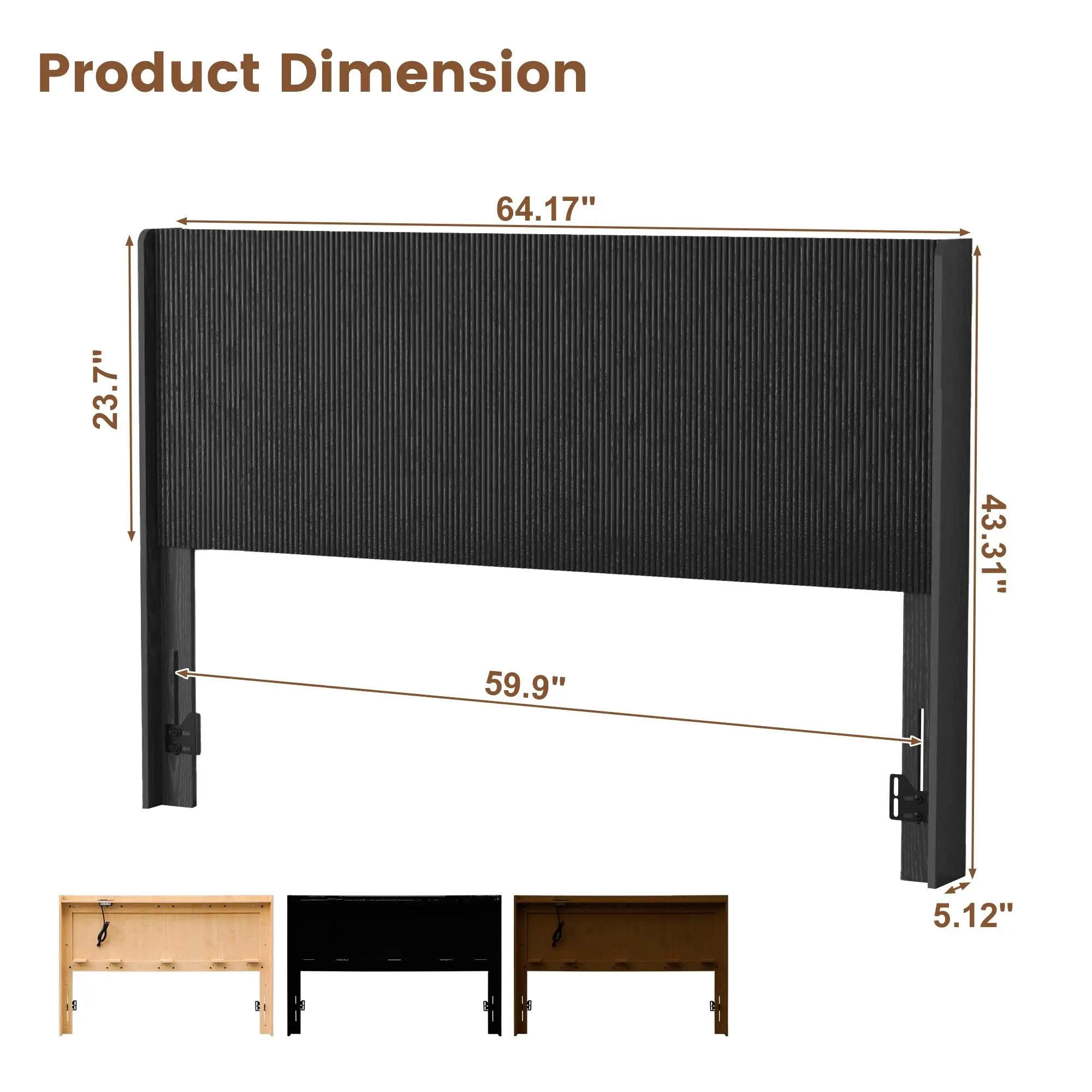 Fluted Headboard Queen Size, Modern Black Headboard with Lighting&Power Outlets, Wall Mounted Headboard Only with image 2
