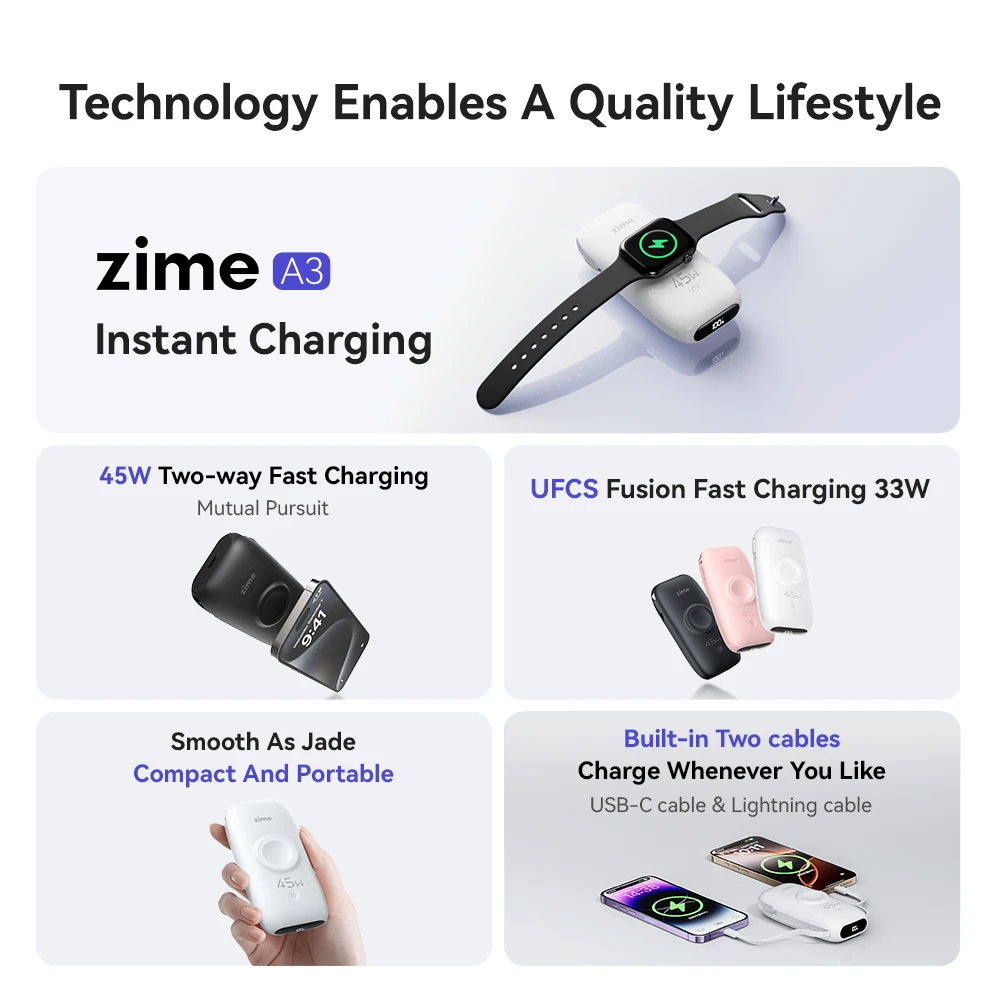 شاحن Zime 3 في 1 اللاسلكي المحمول بقوة 10000 مللي أمبير في الساعة مع حامل حلقي بحجم صغير لسلسلة Apple وساعة Apple