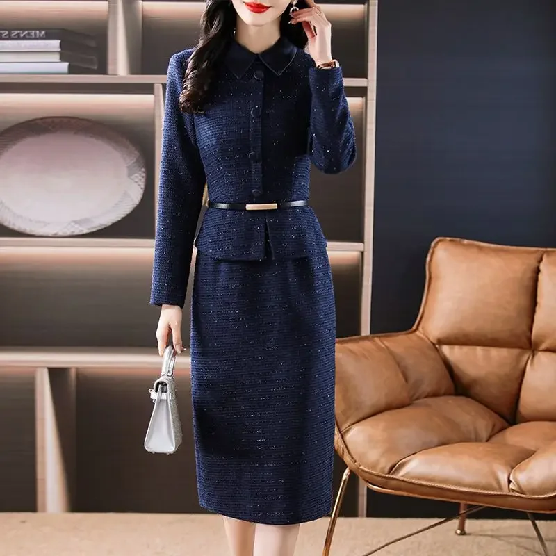 UNXX Autumn Two Piece Set Women Skirt Workplace Small Fragrance Stand Long-sleeve Tweed Jacket + Fashion Long Pencil Skirt Suits