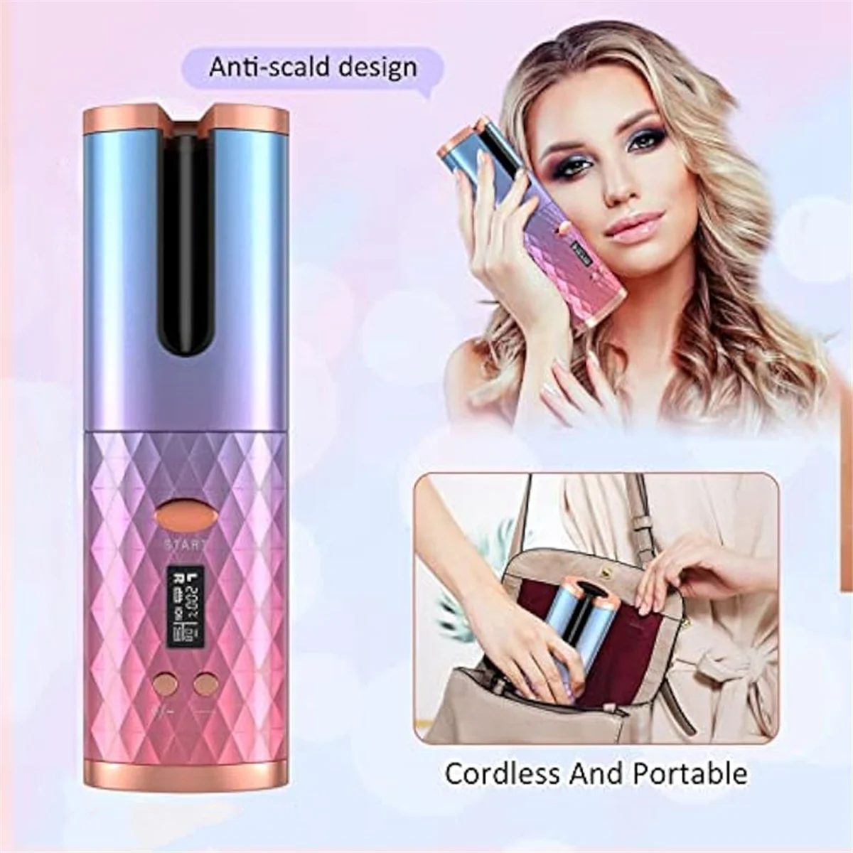 مكواة تجعيد أوتوماتيكية، أداة تجعيد الشعر التلقائية اللاسلكية، أداة تصفيف عصا موجة تجعيد دوارة محمولة، إيقاف تلقائي