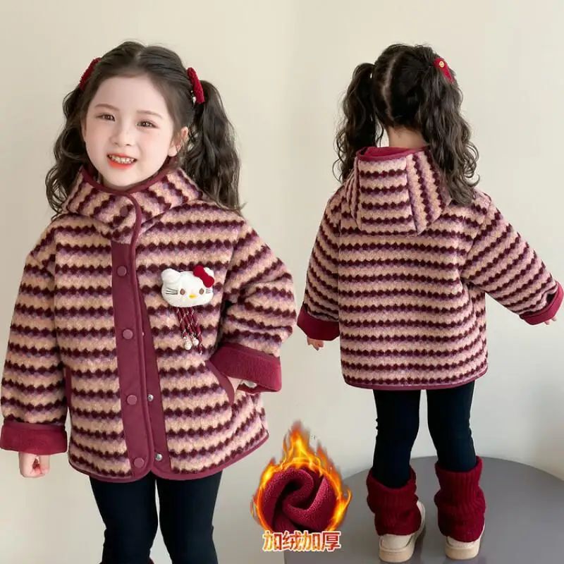 

Sanrio Hello Kitty Woolen Coat Girls' Plush Thick Coat Autumn Winter Casual Children Fashion Girls Striped Woolen Clothing Kids