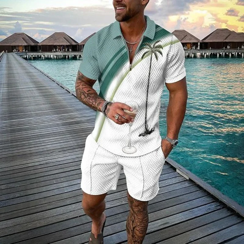 Fashion Summer Men\'s Tracksuit Short Sleeve Polo Shirt Set Coconut Tree 3D Print Clothing 2 Pieces Casual Suit Streetwear Outfit