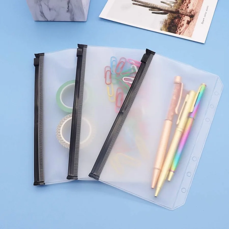 12pcs A6 Binder Pockets Cash Envelopes Black Zipper Pouch Loose Leaf Bags 6 Hole PVC Zip Folder for 6Ring Budget Binder Inserts