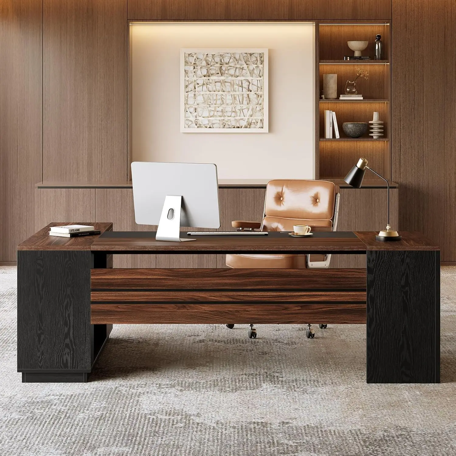 

78.7" L Shaped Executive Desk with File Cabinet & Drawers, Spacious Home Office Workstation, Brown Black, Customized