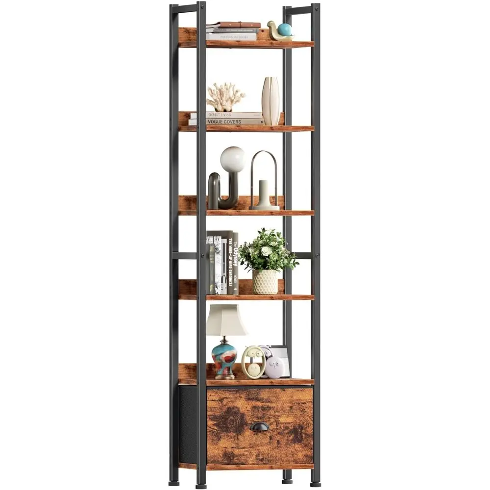 

6-Tier Tall Bookshelf with Drawer, Wooden and Metal Storage Organizer, Rustic Brown Industrial Shelving Unit for Home Office, Li