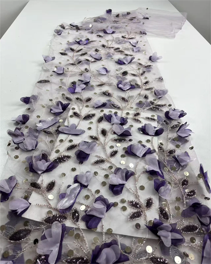 

Handmade 3D Flower Embroidery Lace with Beads, African Wedding Dress, Unique Fashion, Africa Party, Hot Sale, High Quality