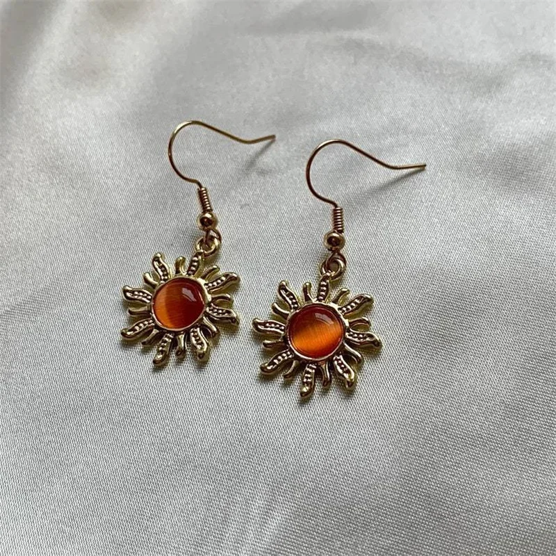 Trendy Exquisite Gold Color Sun Flower Earrings Round Orange Moonstone Hook Dangle Earrings for Women Fashion Custom Jewelry