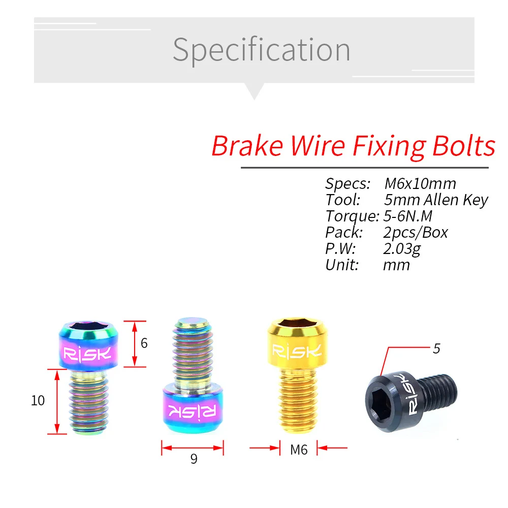 RISK 2PCS M6x10mm MTB Bicycle Calipers Brake Wire Line Fixing Bolts Titanium Alloy Road Bike C / V Brake Inner Cable Fixed Screw