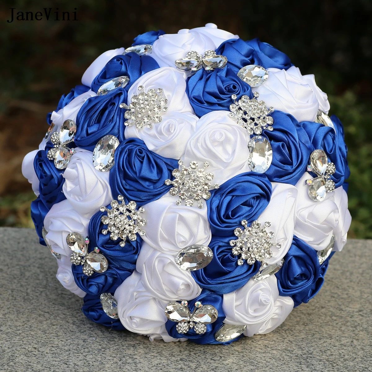 

JaneVini New Luxury Silver Diamond Royal Blue White Bridal Holding Bouquets Artificial Satin Roses Wedding Bride Flowers Bouquet