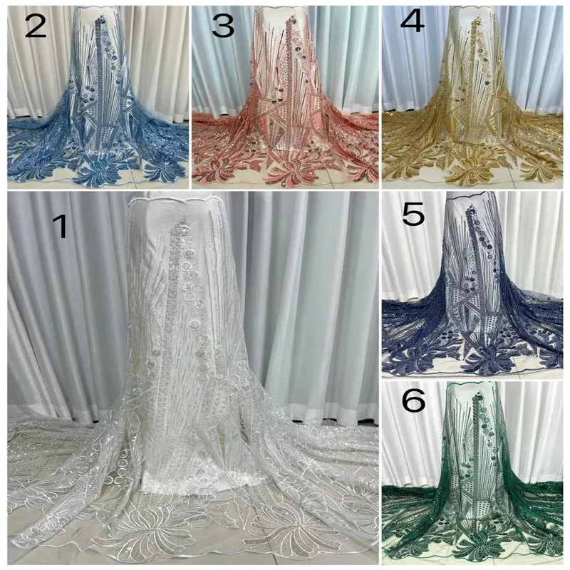 Latest Lace Fabric High Quality 2023 Sequins Embroidery Handmade Beaded French Luxury Tulle Lace Fabric For Women Sewing J99