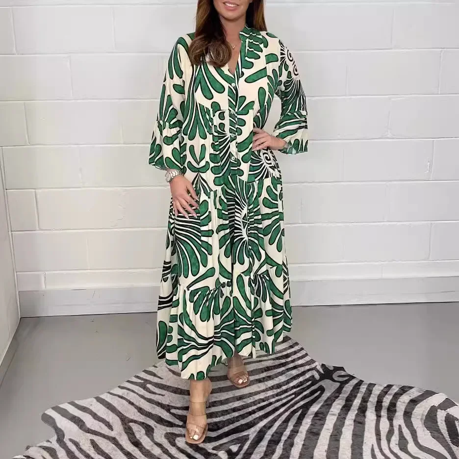 2024 novos vestidos femininos moda impressa com decote em v meia mangas vestido longo para mulher