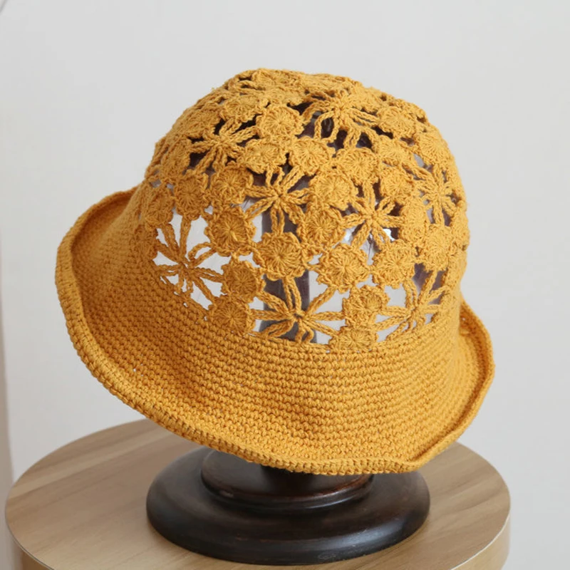 Women\'s knitted hat spring and summer gradient color handmade crochet flower toe cap hat retro beauty elegant hollow bucket hat