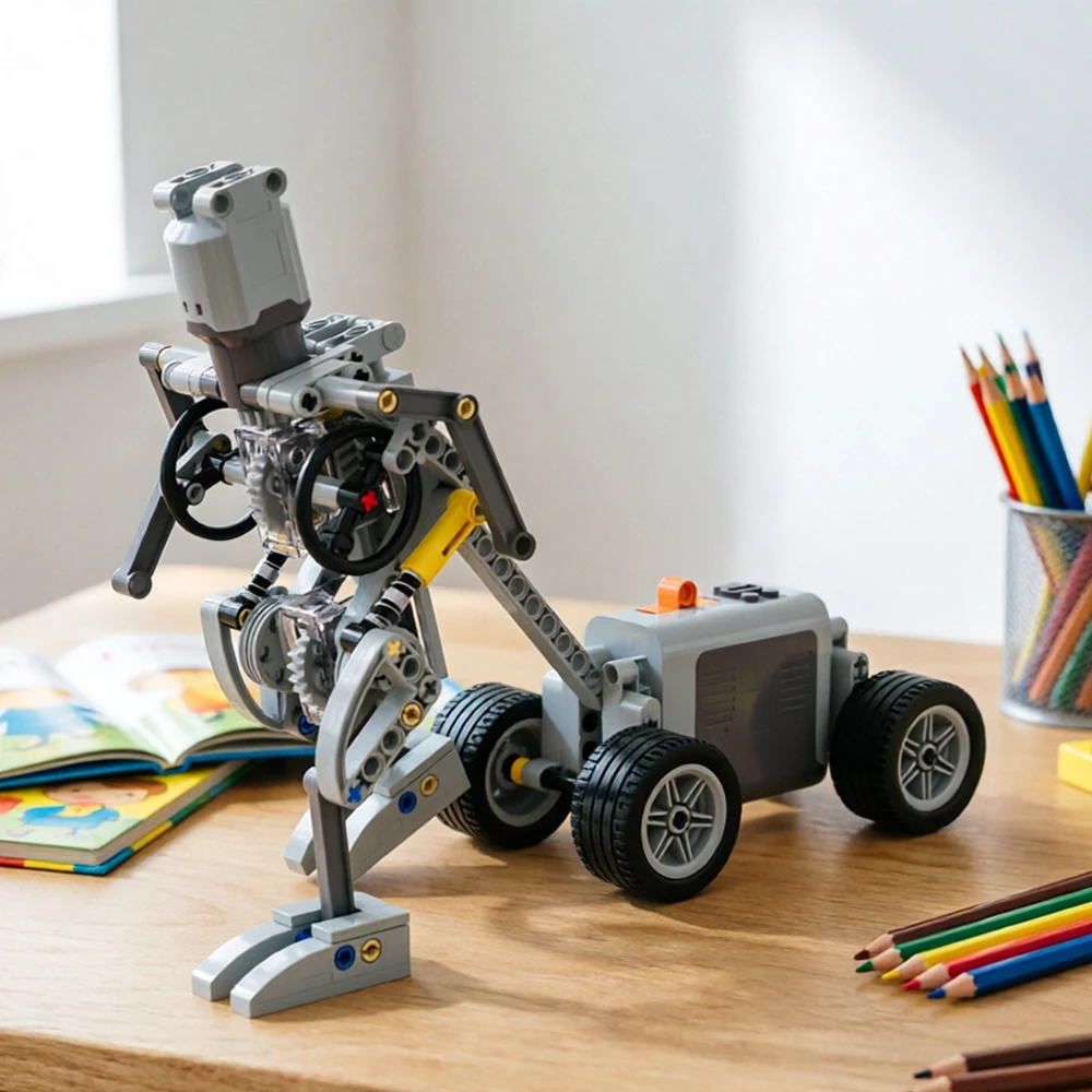 MOC Robot Puller – Motorized Bipedal Figure with Cargo Cart Tech Building Block Toy for Advanced Builders & Collectors