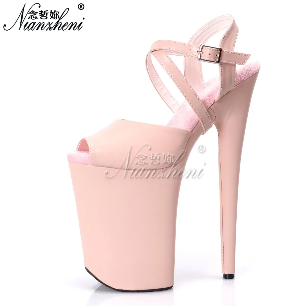 

26cm apric lady sexy sandals pole heels peep toe platform dancing cl thin party PU show Cross dressing Roman sweet mature 10inch