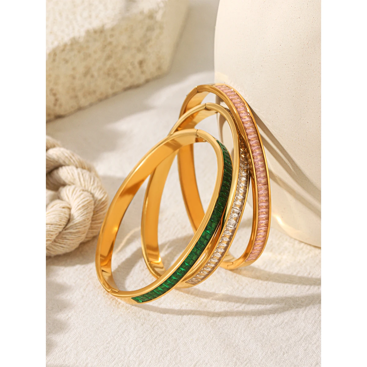 

Tarnish Resistant Waterproof Stainless Steel Bracelet 18K Gold Plated Zircon Green Pink White Bangle Jewelry For Women Gift