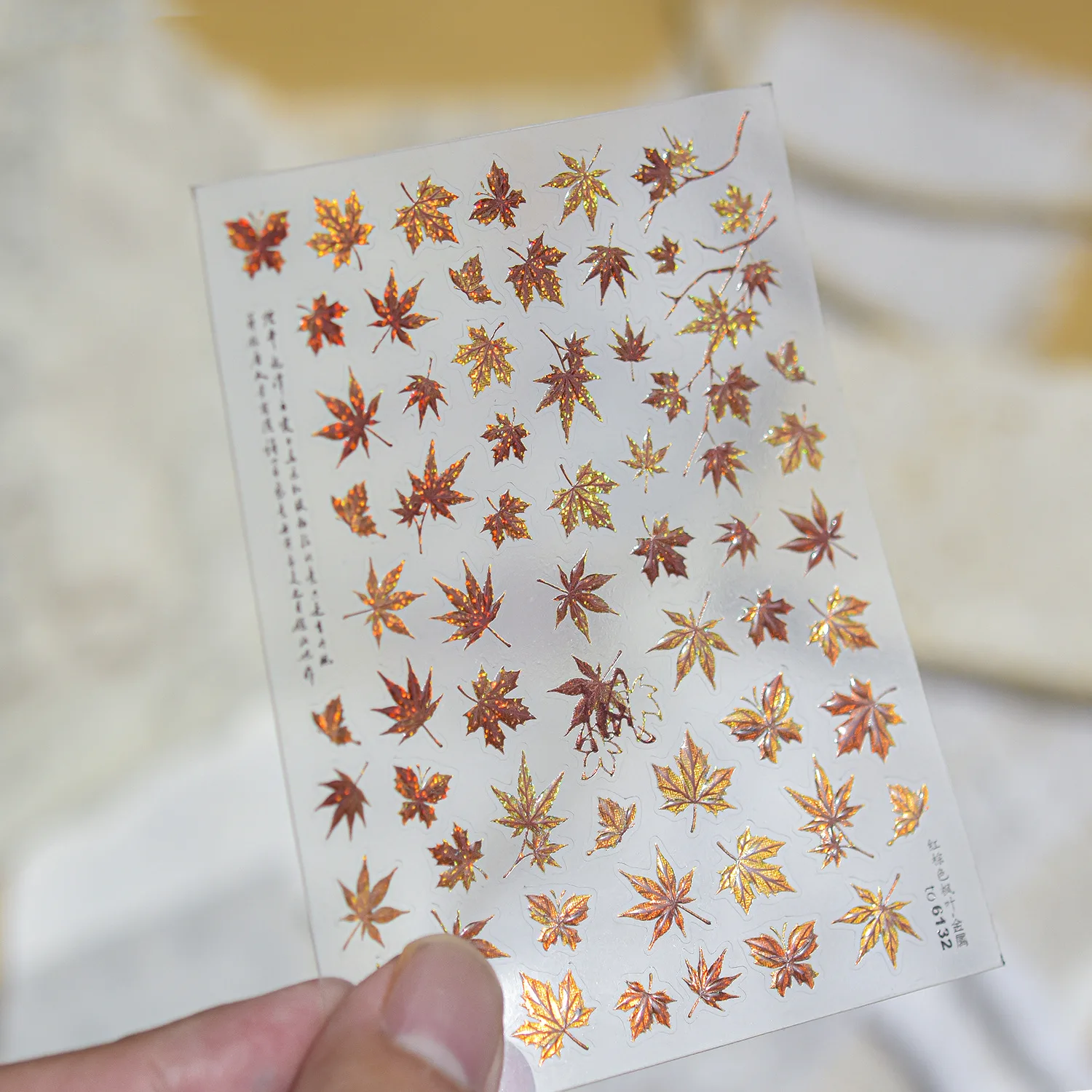 Vintage Autumn 5D Nail Stickers Glitter Red Brown Maple Leaves Fall Foliage Chinese Brush Calligraphy Manicure DIY for Girls