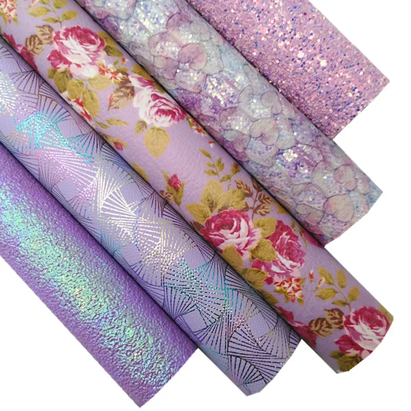 Lace Glitter Leather Sheet Roses Printed Synthetic Leather Iridescent Faux Leather Fabric Sheets for DIY Craft 8.2